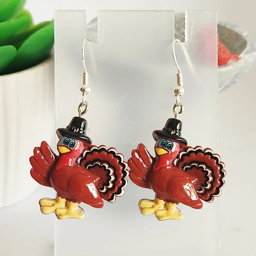 Thanksgiving Turkey Pilgrim Hat Drop Earrings‎ Red Holiday Seasonal Jewelry